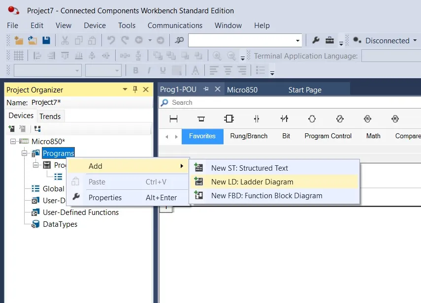 img/Connected Components Workbench simulator/ccw add new ladder programming.webp